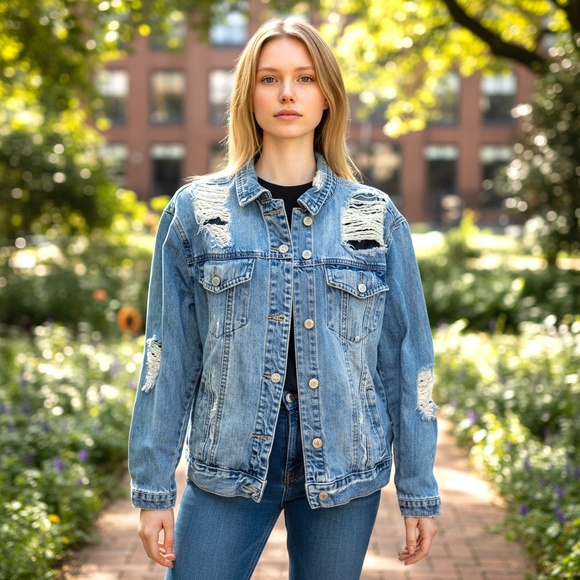 Pull & Bear Distressed Denim Jacket – Light Wash – Size M (EUR) - Picture 1 of 9